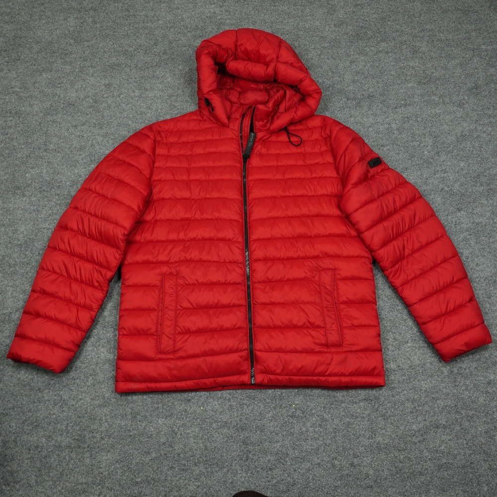 Michael Kors Jacket Mens Large Red Puffer Travel Engineered Hooded Full Zip